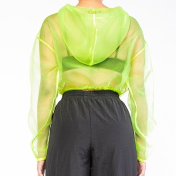 Organza Sheer Mesh Cropped Hoodie - Neon Green - Picture 2 of 4
